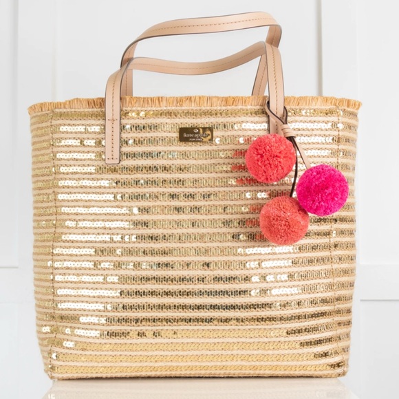 Kate Spade Handbags - NWT Kate Spade Hallie Garden Way Sequin Raffia Tote Bag With PomPom